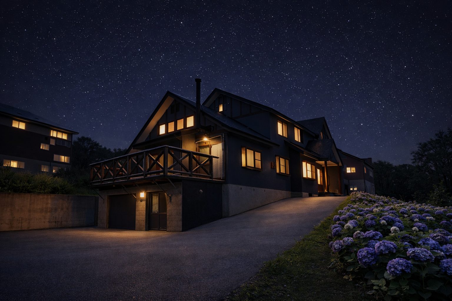 夜の森に建つVILLA