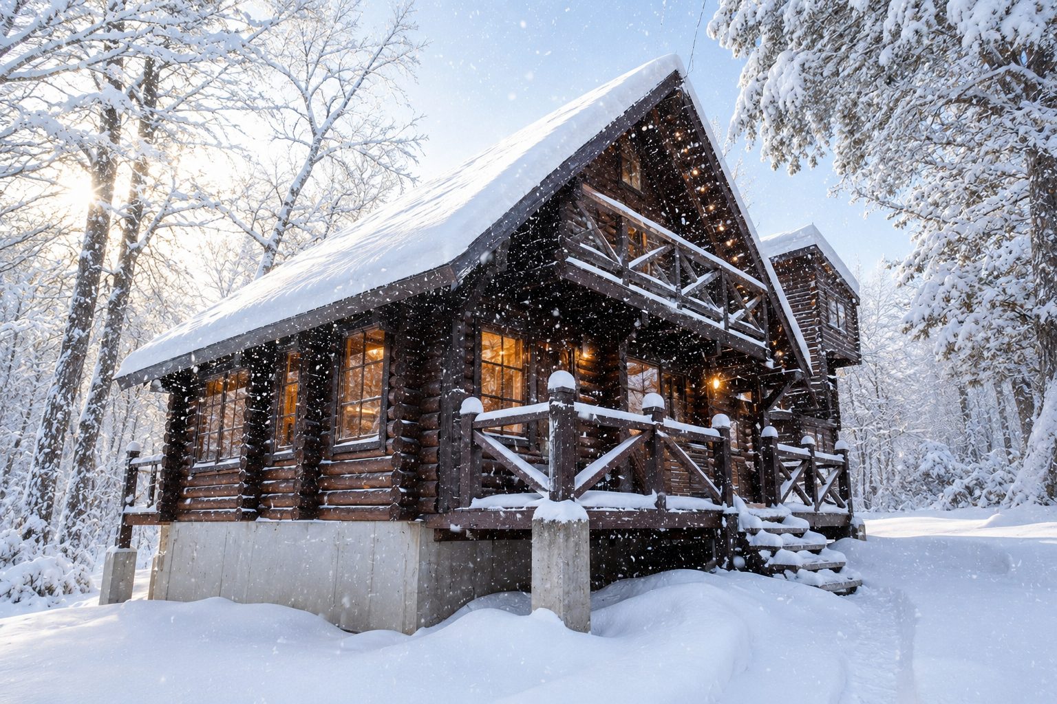 雪の中のログハウス